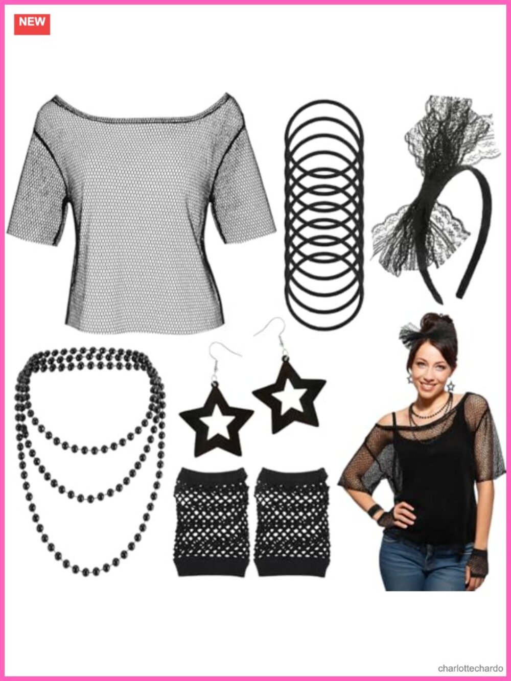 80s Fishnet Top Costume Set Sheer Polyester Retro Party Accessories